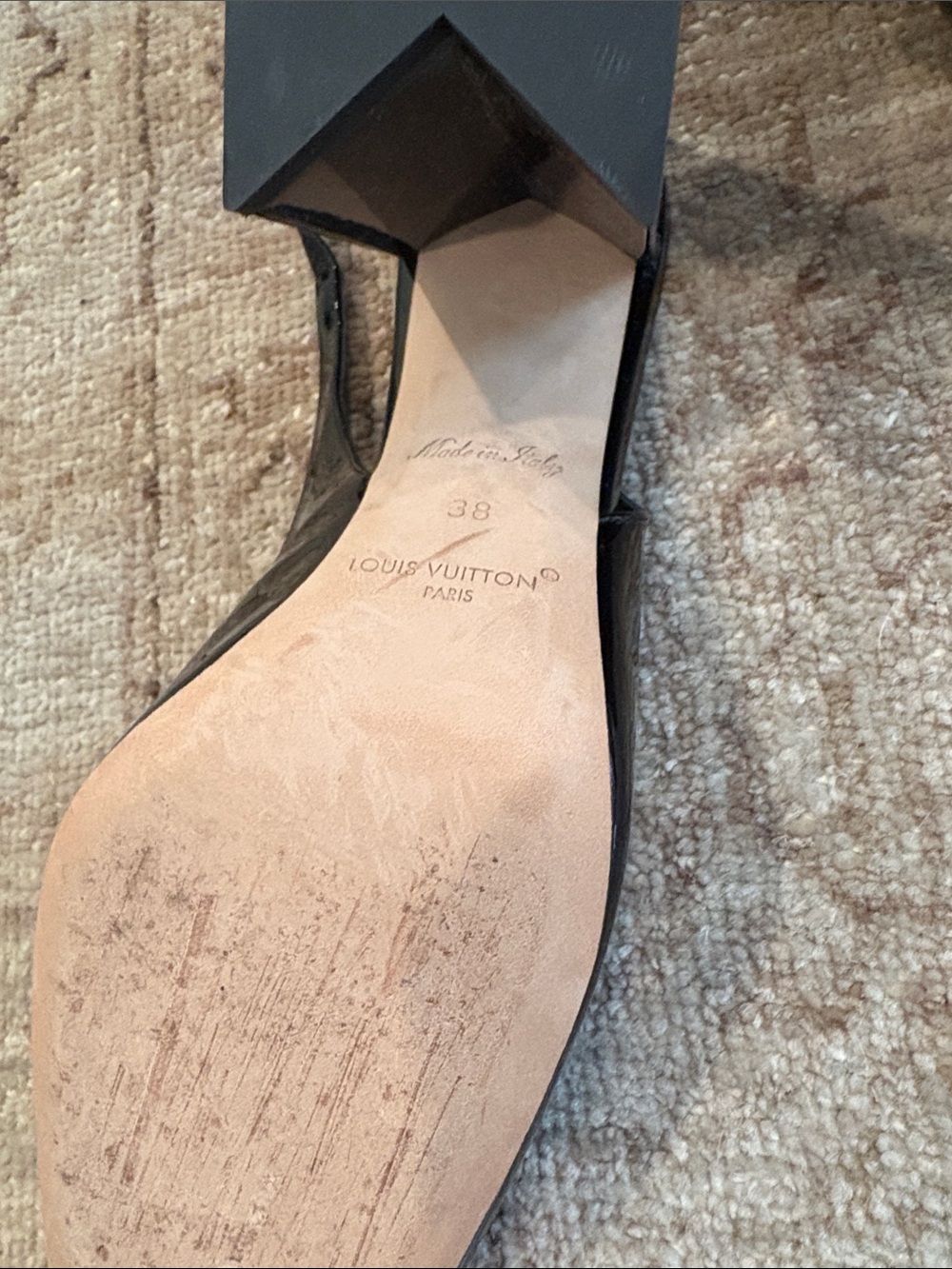Louis Vuitton Black Patent Slingback Heels with Gold LV Accent - Picture 3 of 3